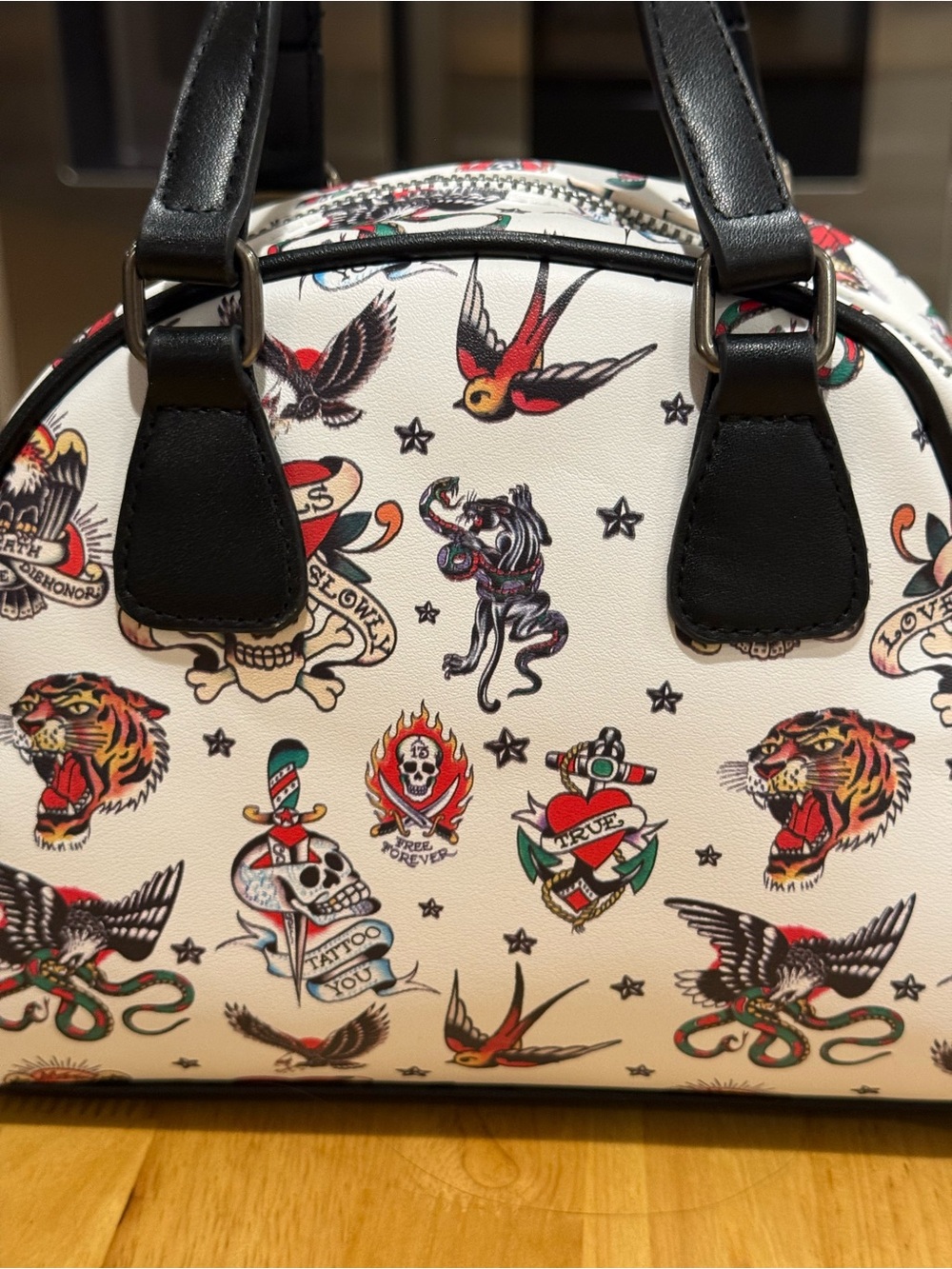 Ed Hardy White Tattoo Print Dome Satchel with Skull Hardware - Picture 5 of 16